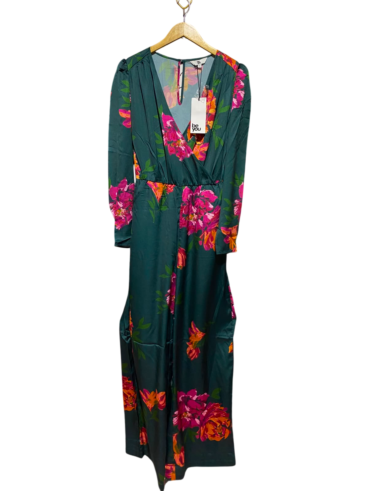 BE YOU |M| BUST 18| B49| EMERALD GREEN FLORAL PRINT V-NECK LONG SLEEVE MAXI JUMPSUIT / DRESS