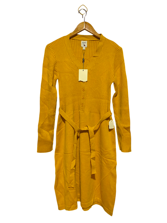 YUMI |M| BUST 14| B49| MUSTARD YELLOW RIBBED KNIT LONG SLEEVE SWEATER DRESS WITH TIE BELT