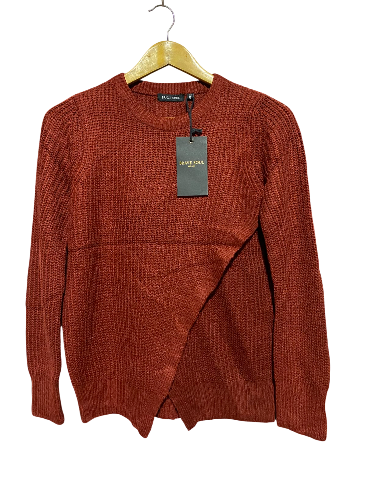 BRAVE SOUL |XS| BUST 17| B49| RUST ORANGE ASYMMETRIC CROSSOVER HEM RIBBED KNIT SWEATER