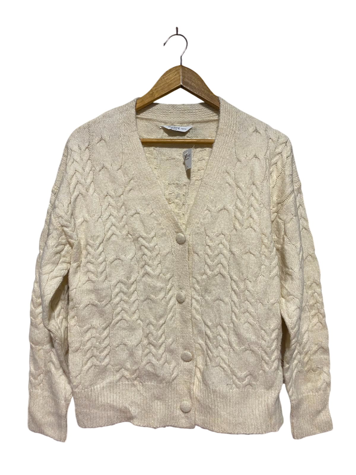 NUTMEG |M| BUST 21| B49| CREAM CABLE KNIT BUTTON-FRONT V-NECK CARDIGAN SWEATER