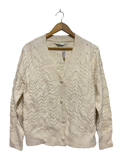 NUTMEG |M| BUST 21| B49| CREAM CABLE KNIT BUTTON-FRONT V-NECK CARDIGAN SWEATER