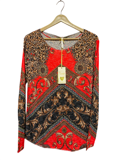 KEY LARGO |M| BUST 18| B49| BAROQUE AND LEOPARD PRINT LONG SLEEVE TOP IN VIBRANT RED AND BLACK