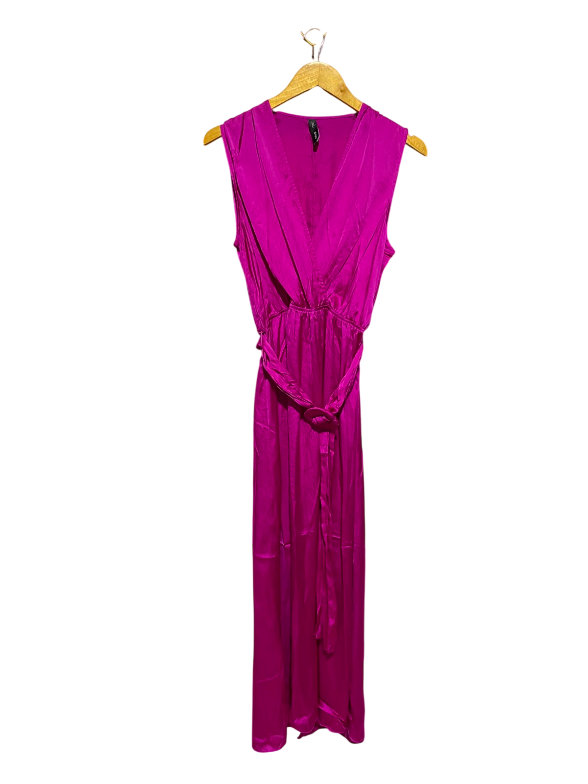 MNG |M| BUST 19| B49| VIBRANT MAGENTA SLEEVELESS SATIN MAXI DRESS WITH DEEP V-NECK AND MATCHING TIE-BELT
