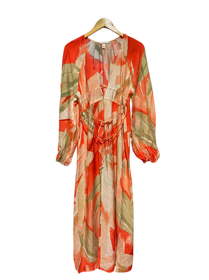 H&M |M| BUST 19| B49| TROPICAL ABSTRACT PRINT V-NECK MAXI DRESS WITH STRAPPY TIE-WAIST DETAIL AND LONG SLEEVES