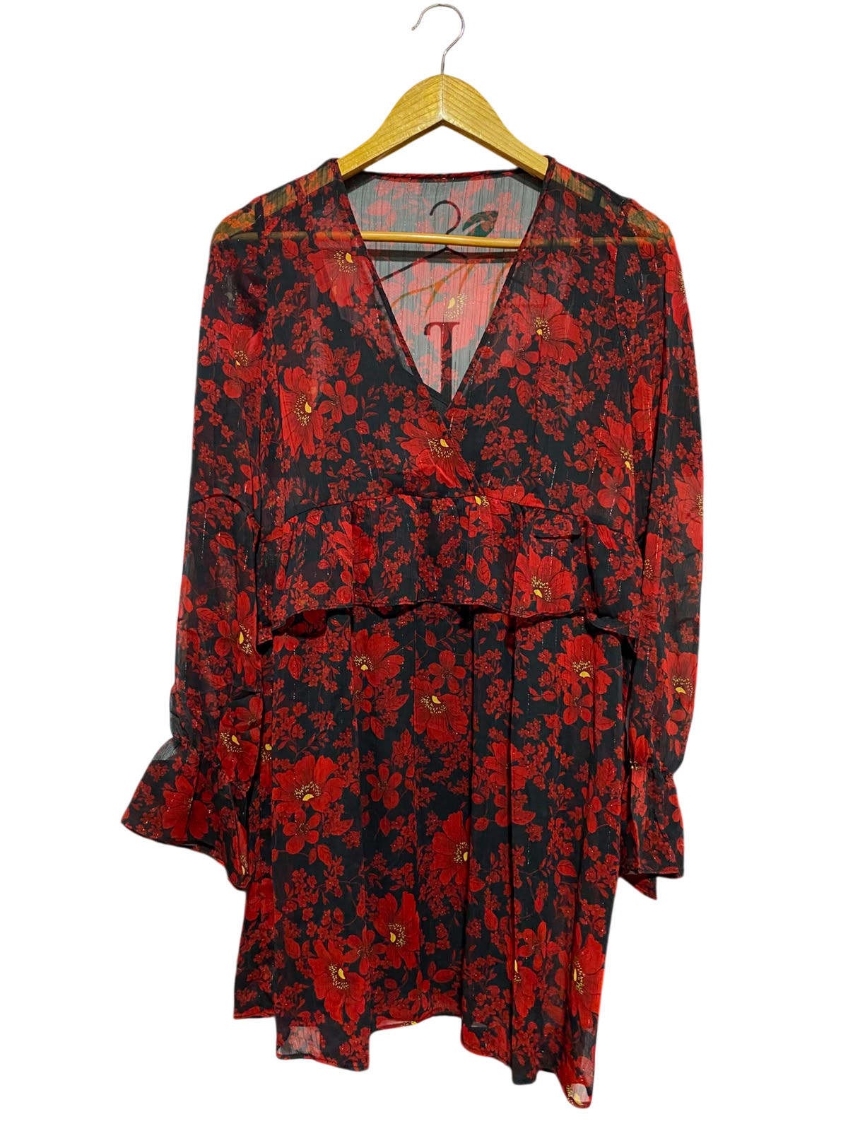 |M| BUST 18| B49| VIBRANT RED FLORAL PRINT V-NECK MINI DRESS WITH METALLIC STRIPE AND RUFFLE DETAILS