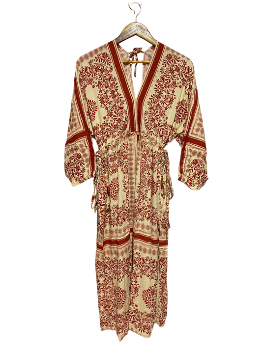 FATFACE |M| BUST FREE| B49| BOHO PAISLEY PRINT MAXI DRESS WITH DEEP V-NECK AND SIDE-TIE DRAWSTRING DETAILS