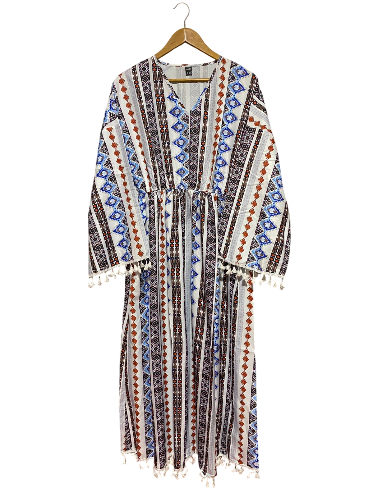 NYL & DFY |XL| BUST 19| B49| BOHO GEOMETRIC PRINT MAXI KAFTAN DRESS WITH TASSEL TRIM AND CINCHED WAIST