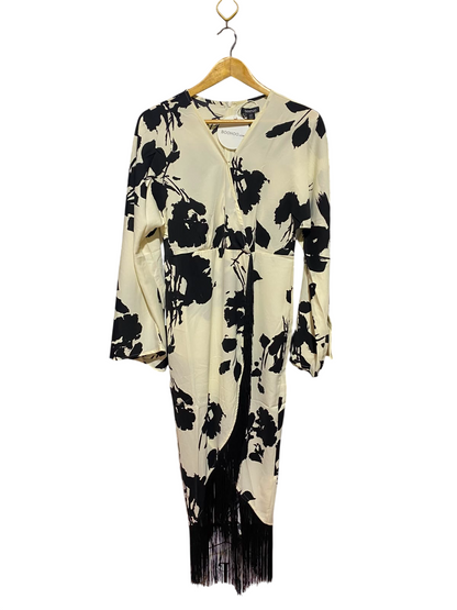 BOOHOO |M| BUST FREE| B49| BLACK AND CREAM FLORAL WRAP DRESS - HIGH-LOW FRINGE HEM LONG SLEEVE MIDI DRESS