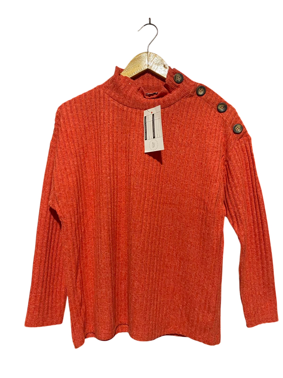 TU WOMAN |M| BUST 20| B50| RUST ORANGE RIBBED KNIT MOCK NECK SWEATER WITH SHOULDER BUTTON