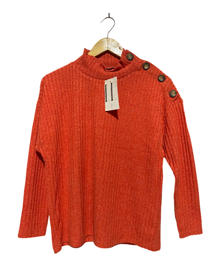 TU WOMAN |M| BUST 20| B50| RUST ORANGE RIBBED KNIT MOCK NECK SWEATER WITH SHOULDER BUTTON