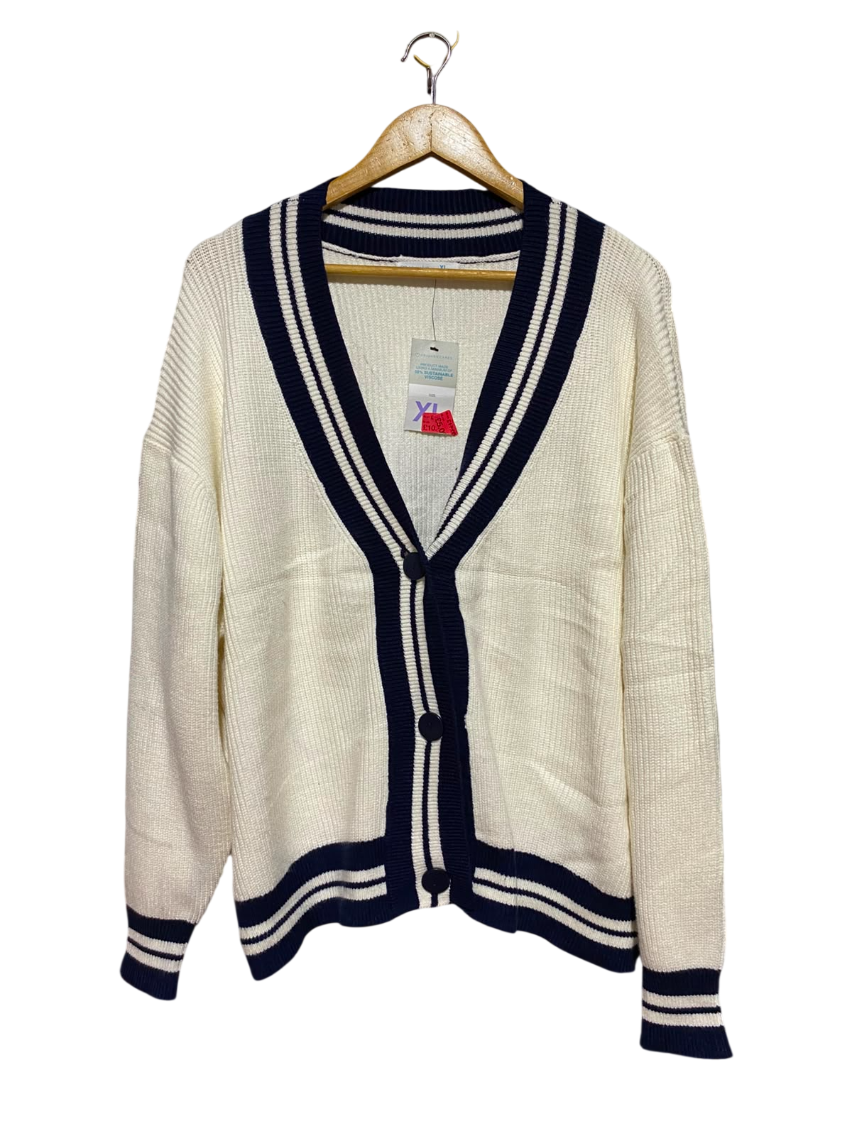 PRIMARK CARES |XL| BUST 26| B50| CARDIGAN CREAM AND NAVY BLUE STRIPED V-NECK SWEATER