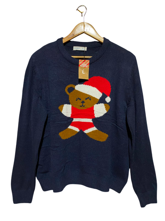 PRIMARK |L| BUST 21| B50| NAVY BLUE CHRISTMAS SWEATER WITH SANTA TEDDY BEAR GRAPHIC