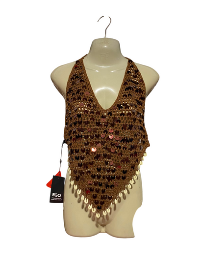 EGO |M| BUST 16| B50| BOHEMIAN BROWN CROCHET HALTER TOP WITH SEQUINS AND COWRIE SHELL TRIM