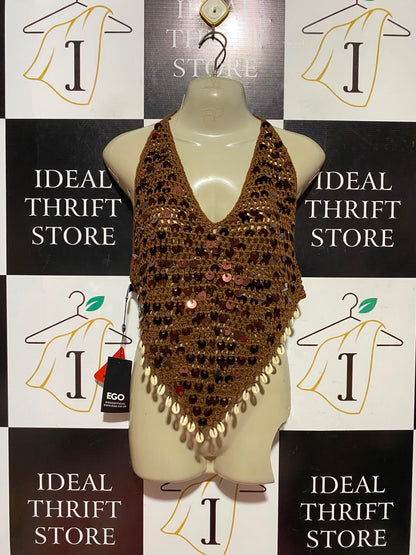 EGO |M| BUST 16| B50| BOHEMIAN BROWN CROCHET HALTER TOP WITH SEQUINS AND COWRIE SHELL TRIM