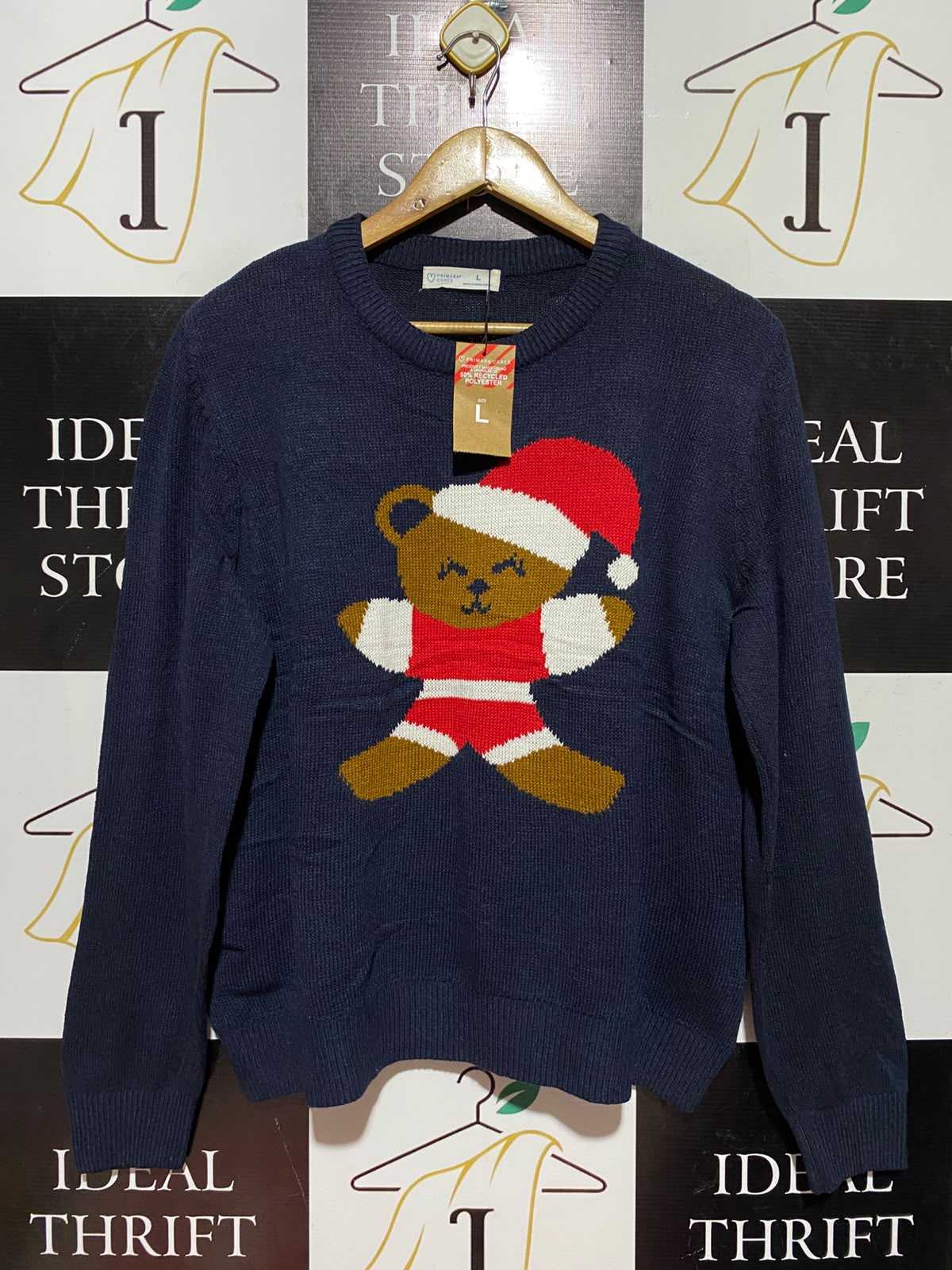 PRIMARK |L| BUST 21| B50| NAVY BLUE CHRISTMAS SWEATER WITH SANTA TEDDY BEAR GRAPHIC