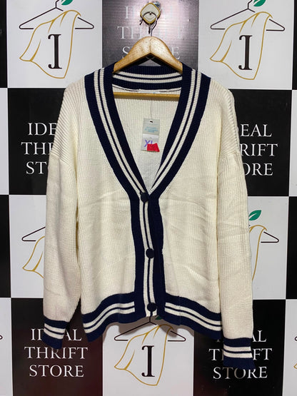 PRIMARK CARES |XL| BUST 26| B50| CARDIGAN CREAM AND NAVY BLUE STRIPED V-NECK SWEATER