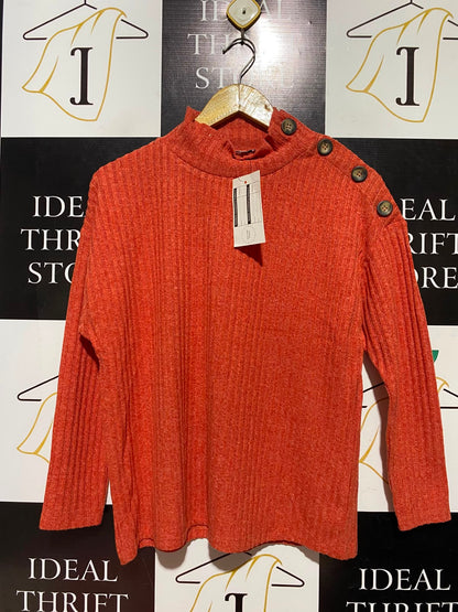 TU WOMAN |M| BUST 20| B50| RUST ORANGE RIBBED KNIT MOCK NECK SWEATER WITH SHOULDER BUTTON
