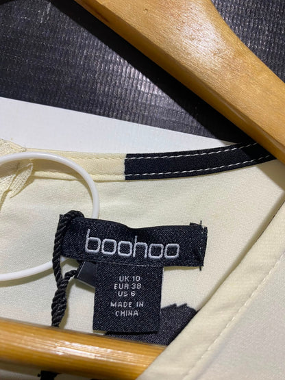 BOOHOO |M| BUST FREE| B49| BLACK AND CREAM FLORAL WRAP DRESS - HIGH-LOW FRINGE HEM LONG SLEEVE MIDI DRESS