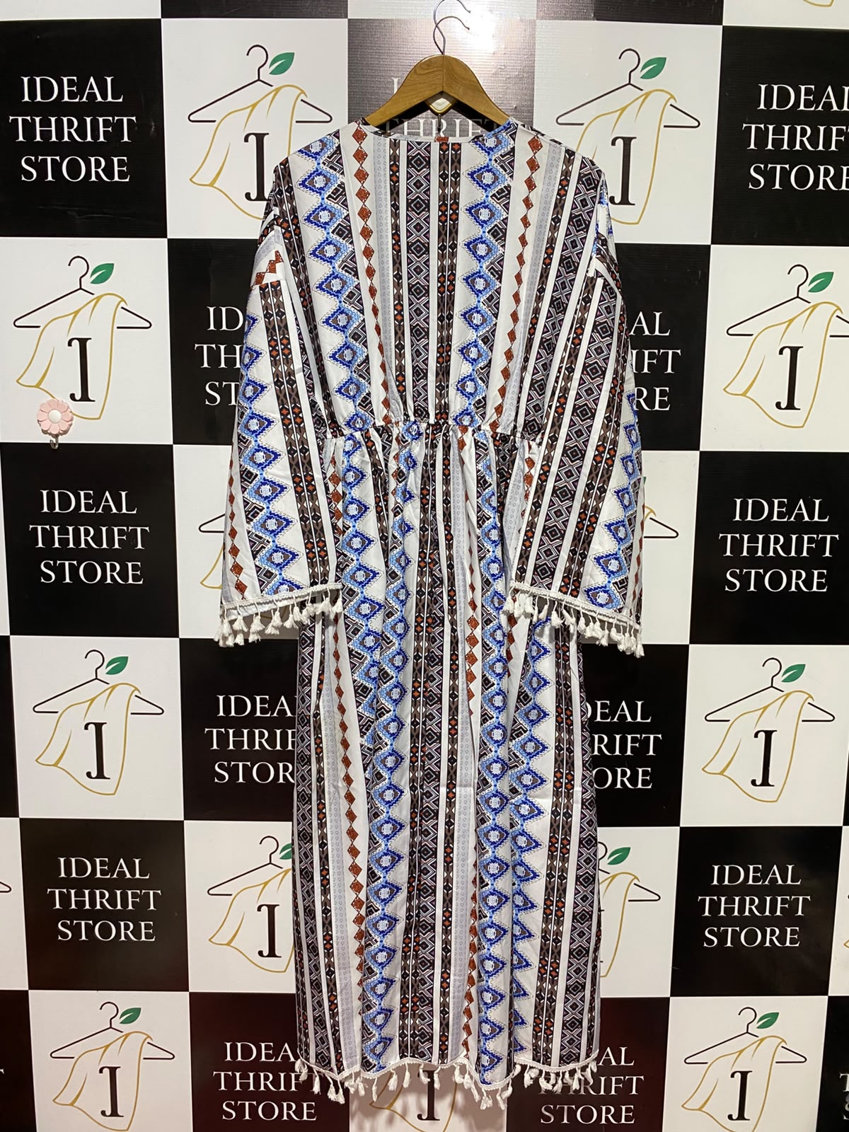 NYL & DFY |XL| BUST 19| B49| BOHO GEOMETRIC PRINT MAXI KAFTAN DRESS WITH TASSEL TRIM AND CINCHED WAIST