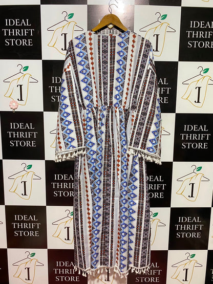 NYL & DFY |XL| BUST 19| B49| BOHO GEOMETRIC PRINT MAXI KAFTAN DRESS WITH TASSEL TRIM AND CINCHED WAIST
