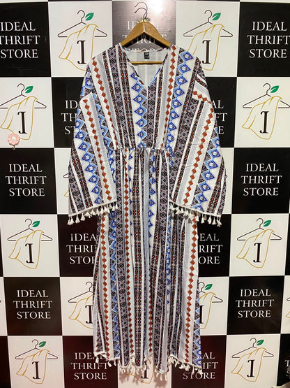 NYL & DFY |XL| BUST 19| B49| BOHO GEOMETRIC PRINT MAXI KAFTAN DRESS WITH TASSEL TRIM AND CINCHED WAIST