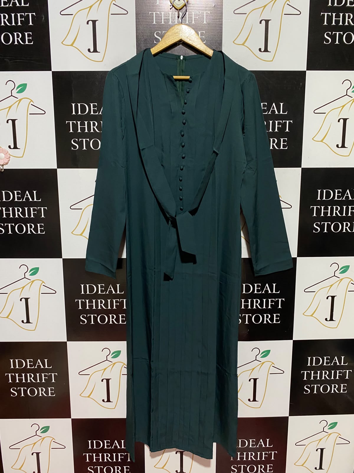 |L| BUST 19| B49| ELEGANT EMERALD GREEN LONG SLEEVE MAXI DRESS WITH BUTTON-DOWN FRONT AND TIE-WAIST DETAIL