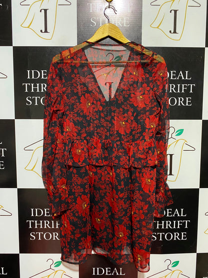 |M| BUST 18| B49| VIBRANT RED FLORAL PRINT V-NECK MINI DRESS WITH METALLIC STRIPE AND RUFFLE DETAILS