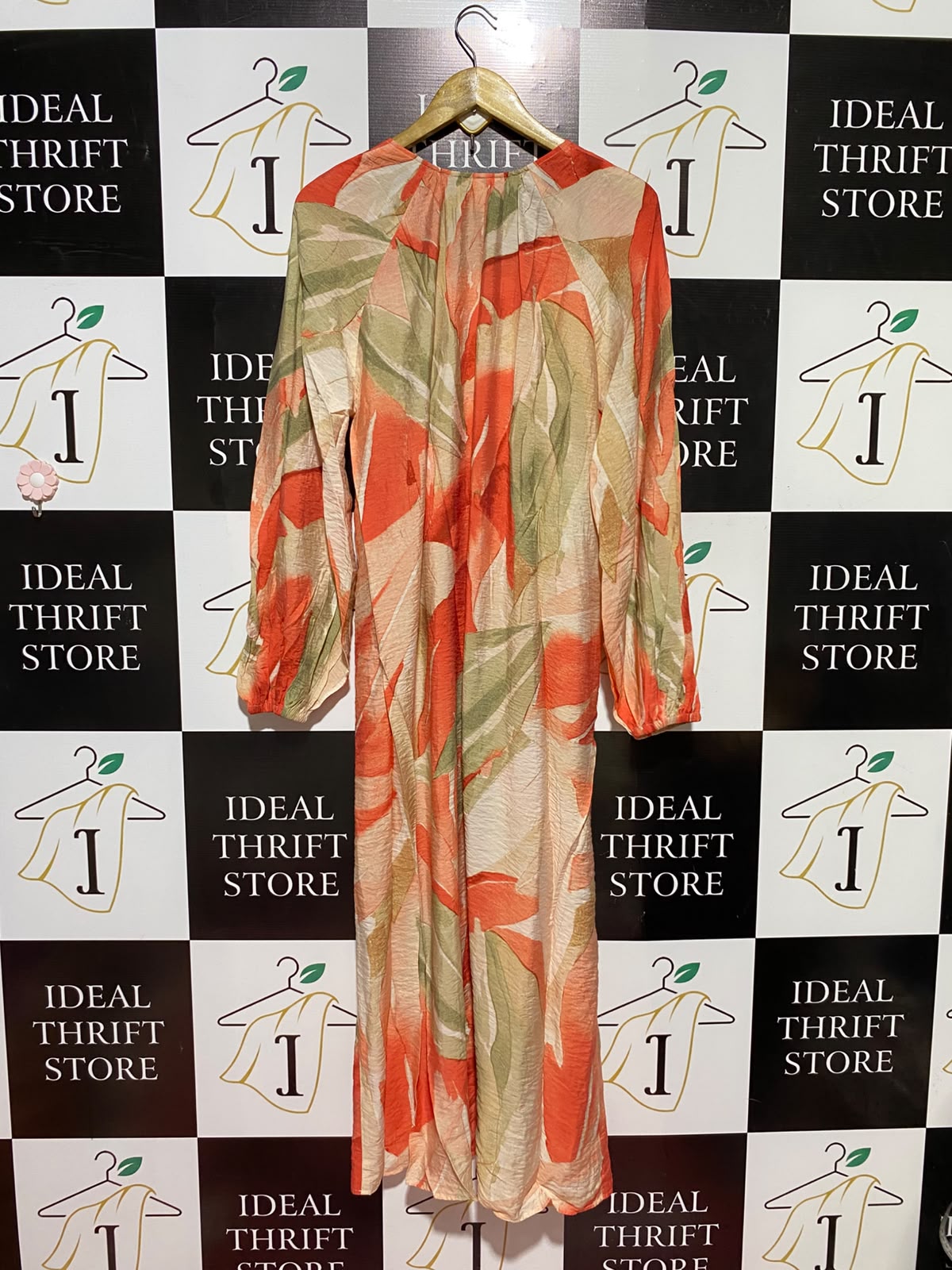 H&M |M| BUST 19| B49| TROPICAL ABSTRACT PRINT V-NECK MAXI DRESS WITH STRAPPY TIE-WAIST DETAIL AND LONG SLEEVES