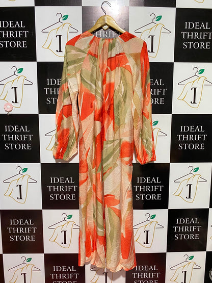 H&M |M| BUST 19| B49| TROPICAL ABSTRACT PRINT V-NECK MAXI DRESS WITH STRAPPY TIE-WAIST DETAIL AND LONG SLEEVES