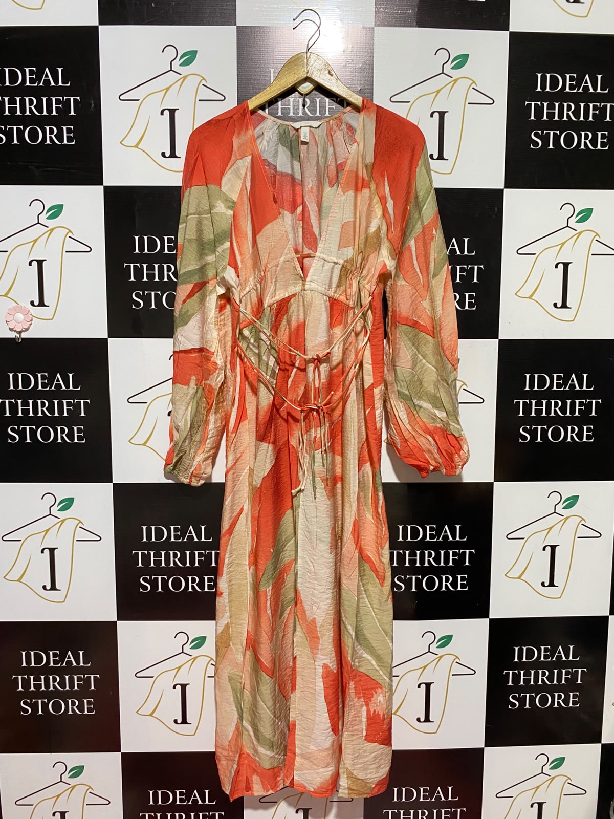 H&M |M| BUST 19| B49| TROPICAL ABSTRACT PRINT V-NECK MAXI DRESS WITH STRAPPY TIE-WAIST DETAIL AND LONG SLEEVES