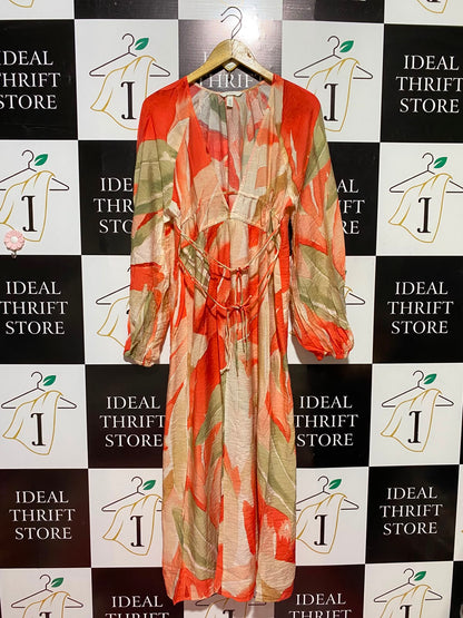 H&M |M| BUST 19| B49| TROPICAL ABSTRACT PRINT V-NECK MAXI DRESS WITH STRAPPY TIE-WAIST DETAIL AND LONG SLEEVES