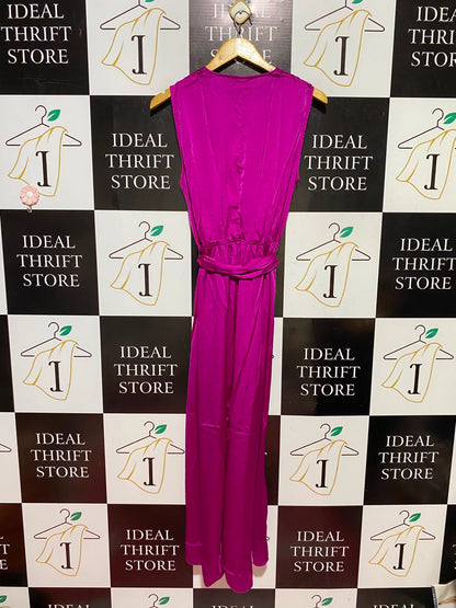 MNG |M| BUST 19| B49| VIBRANT MAGENTA SLEEVELESS SATIN MAXI DRESS WITH DEEP V-NECK AND MATCHING TIE-BELT