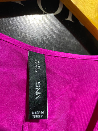 MNG |M| BUST 19| B49| VIBRANT MAGENTA SLEEVELESS SATIN MAXI DRESS WITH DEEP V-NECK AND MATCHING TIE-BELT