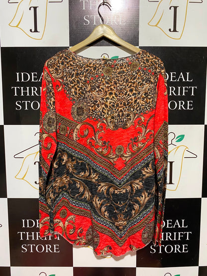 KEY LARGO |M| BUST 18| B49| BAROQUE AND LEOPARD PRINT LONG SLEEVE TOP IN VIBRANT RED AND BLACK