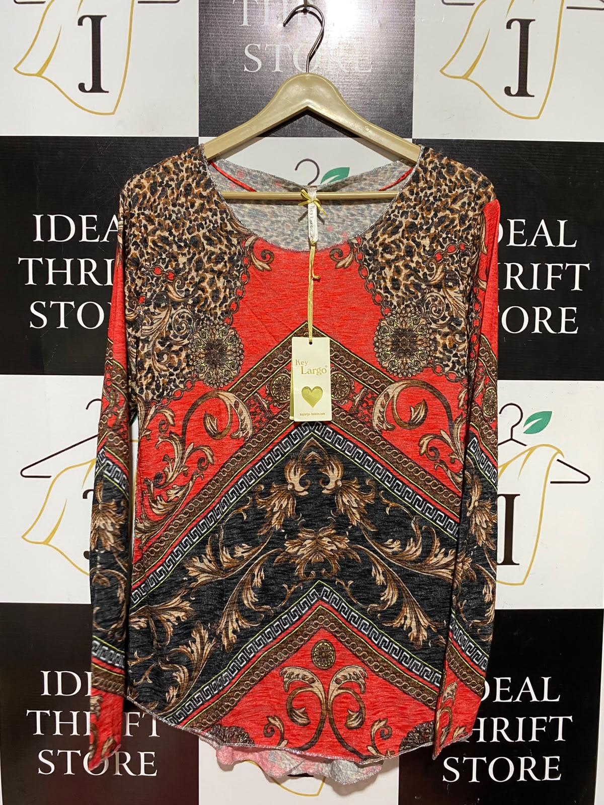 KEY LARGO |M| BUST 18| B49| BAROQUE AND LEOPARD PRINT LONG SLEEVE TOP IN VIBRANT RED AND BLACK