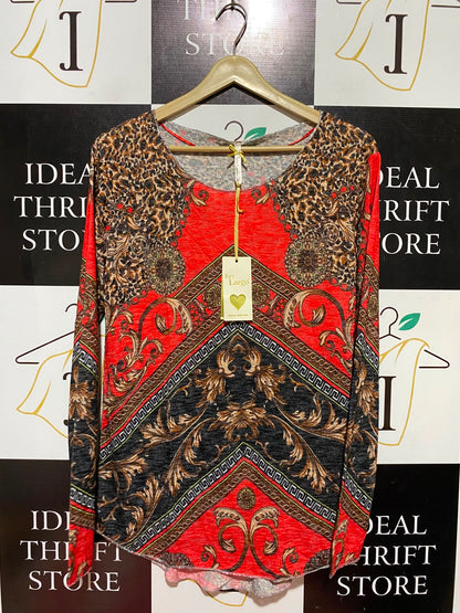 KEY LARGO |M| BUST 18| B49| BAROQUE AND LEOPARD PRINT LONG SLEEVE TOP IN VIBRANT RED AND BLACK