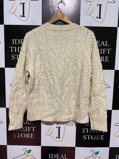 NUTMEG |M| BUST 21| B49| CREAM CABLE KNIT BUTTON-FRONT V-NECK CARDIGAN SWEATER