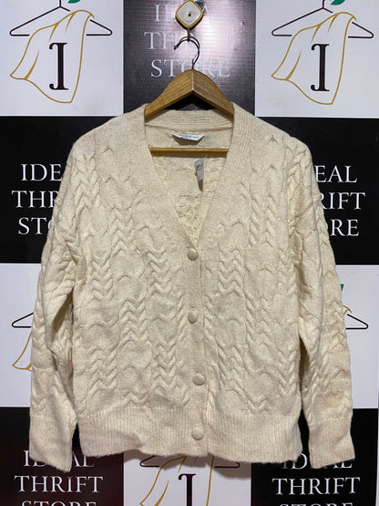 NUTMEG |M| BUST 21| B49| CREAM CABLE KNIT BUTTON-FRONT V-NECK CARDIGAN SWEATER
