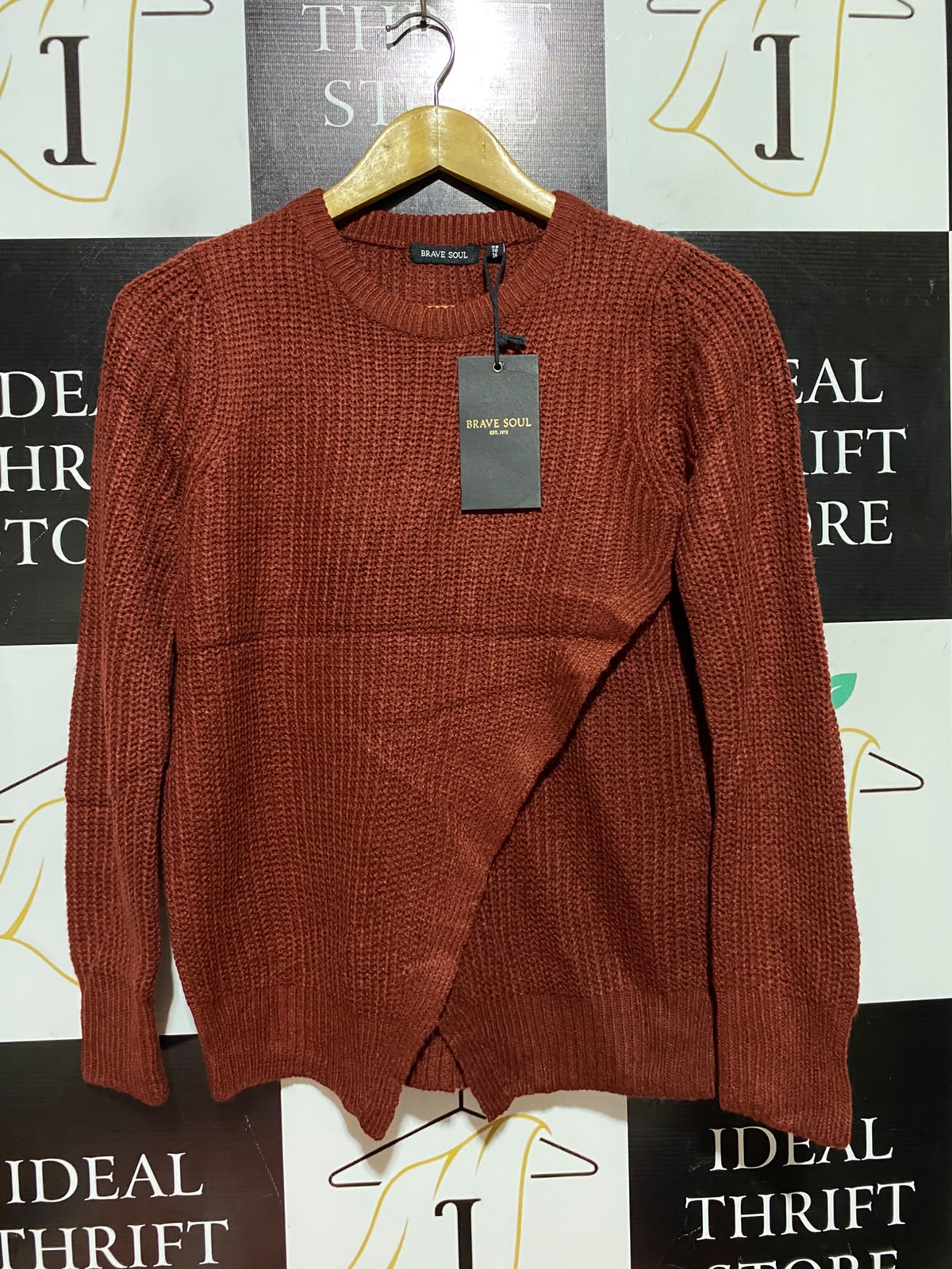 BRAVE SOUL |XS| BUST 17| B49| RUST ORANGE ASYMMETRIC CROSSOVER HEM RIBBED KNIT SWEATER