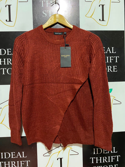 BRAVE SOUL |XS| BUST 17| B49| RUST ORANGE ASYMMETRIC CROSSOVER HEM RIBBED KNIT SWEATER