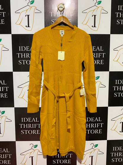 YUMI |M| BUST 14| B49| MUSTARD YELLOW RIBBED KNIT LONG SLEEVE SWEATER DRESS WITH TIE BELT