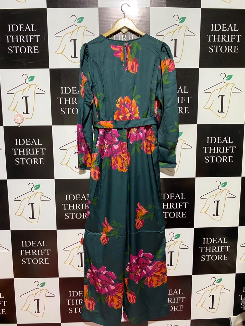 BE YOU |M| BUST 18| B49| EMERALD GREEN FLORAL PRINT V-NECK LONG SLEEVE MAXI JUMPSUIT / DRESS