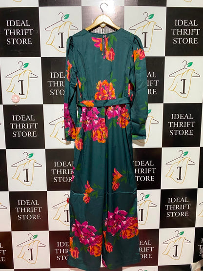 BE YOU |M| BUST 18| B49| EMERALD GREEN FLORAL PRINT V-NECK LONG SLEEVE MAXI JUMPSUIT / DRESS