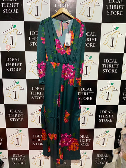 BE YOU |M| BUST 18| B49| EMERALD GREEN FLORAL PRINT V-NECK LONG SLEEVE MAXI JUMPSUIT / DRESS
