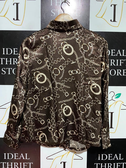 |L| BUST 19| B49| LUXURIOUS CHOCOLATE BROWN SATIN BUTTON-DOWN BLOUSE WITH VINTAGE GOLD CHAIN PRINT