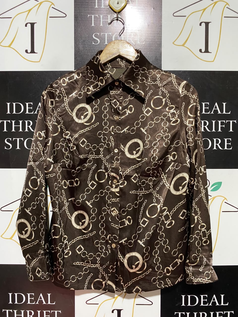 |L| BUST 19| B49| LUXURIOUS CHOCOLATE BROWN SATIN BUTTON-DOWN BLOUSE WITH VINTAGE GOLD CHAIN PRINT