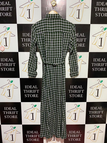 ZARA WOMAN |XS| BUST 17| B49| GREEN AND BLACK CHECKERED BUTTON-DOWN MAXI SHIRT DRESS WITH POCKETS