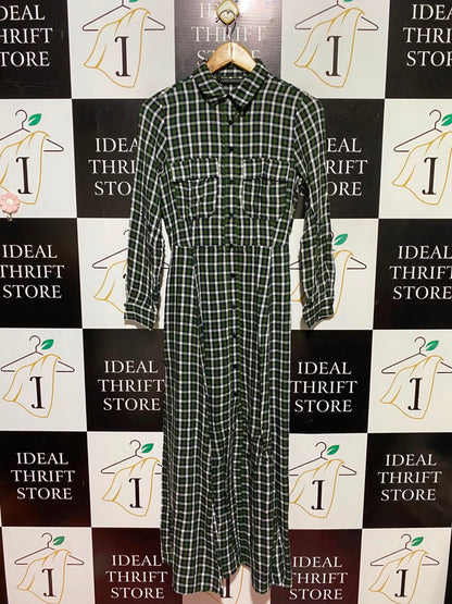 ZARA WOMAN |XS| BUST 17| B49| GREEN AND BLACK CHECKERED BUTTON-DOWN MAXI SHIRT DRESS WITH POCKETS