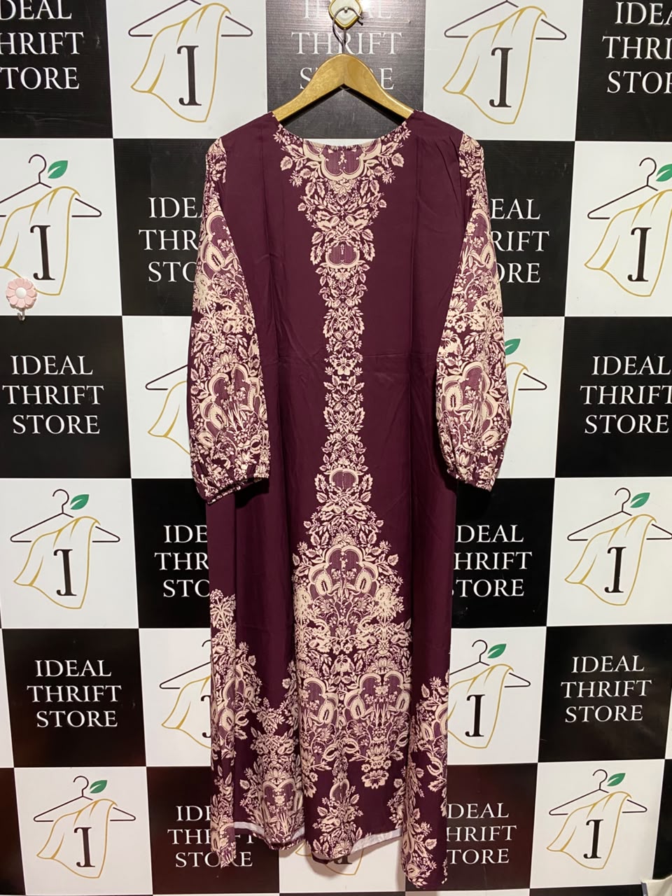 SHEIN |XL| BUST 22| B49| ELEGANT PLUM PURPLE MAXI DRESS WITH SYMMETRICAL DAMASK BORDER PRINT AND LONG SLEEVES