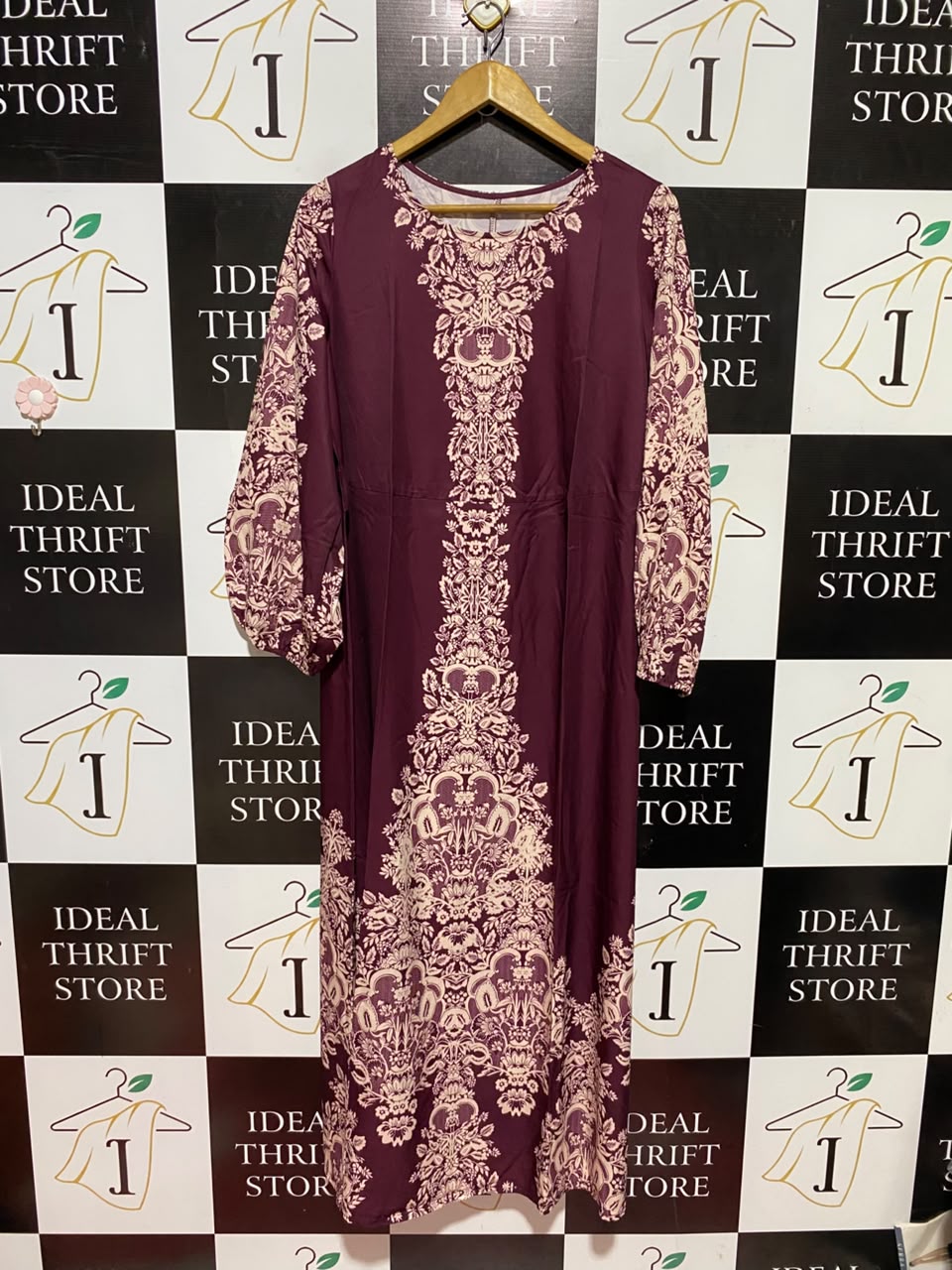 SHEIN |XL| BUST 22| B49| ELEGANT PLUM PURPLE MAXI DRESS WITH SYMMETRICAL DAMASK BORDER PRINT AND LONG SLEEVES